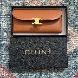 Celine Tan Leather Wallet with Gold Triomphe Clasp